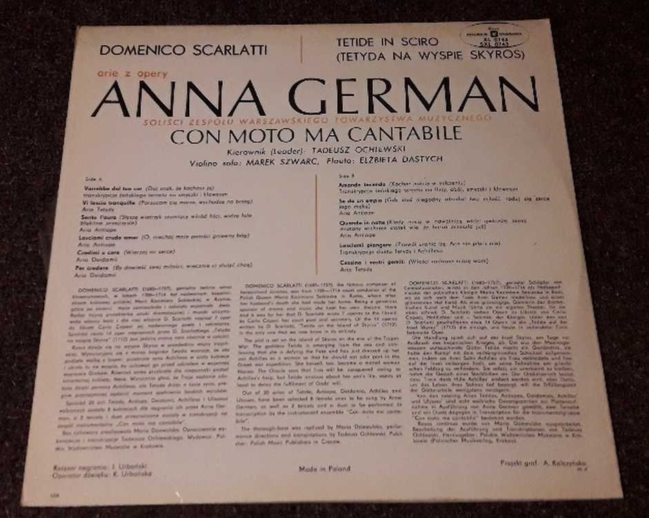 Płyta winylowa LP Anna German i zespół kameralny, arie z opery "Tetide