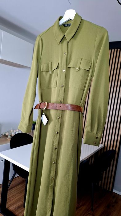 Zara sukienka koszulowa z paskiem khaki zielona