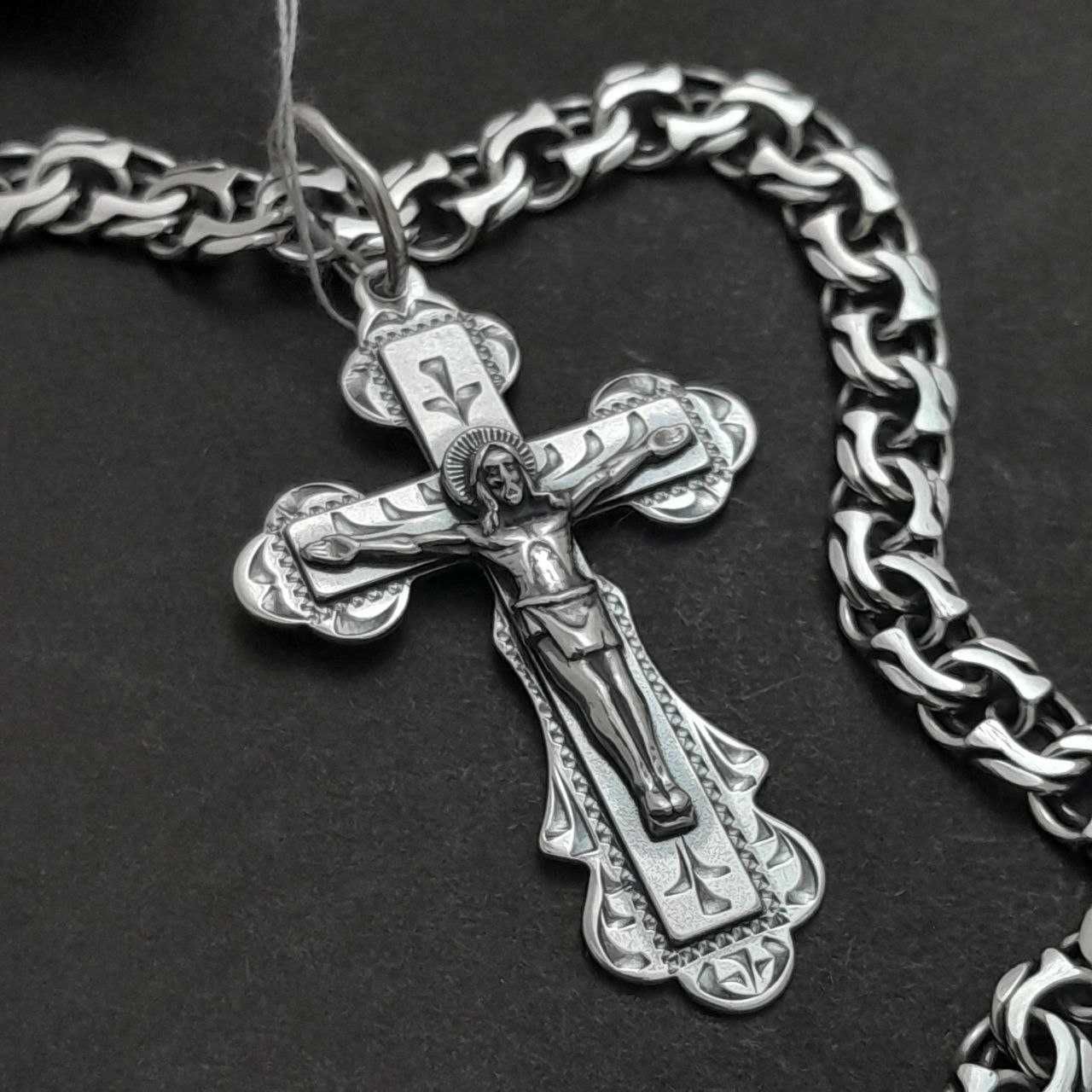 Комплект серебряная цепочка бисмарк и православный серебряный крест