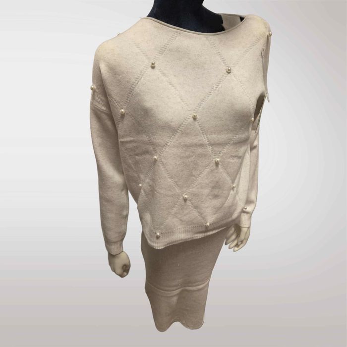 Damski Komplet Swetrowy Sukienka + Sweter Biały   S M