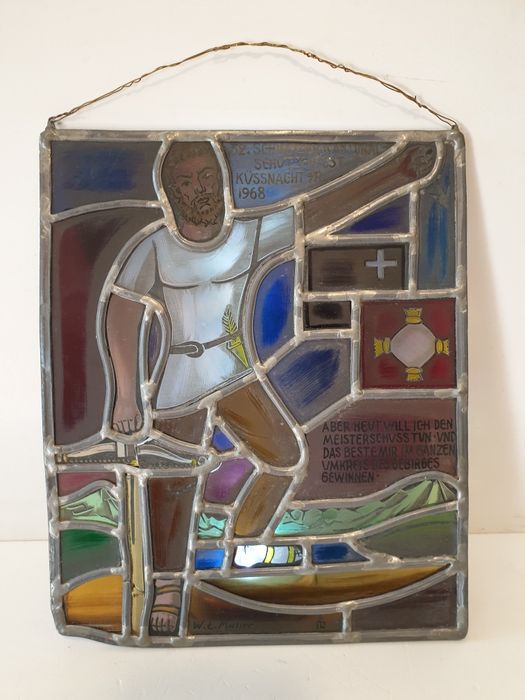 Fantástico vitral suíço por ocasião do festival de tiro 1968