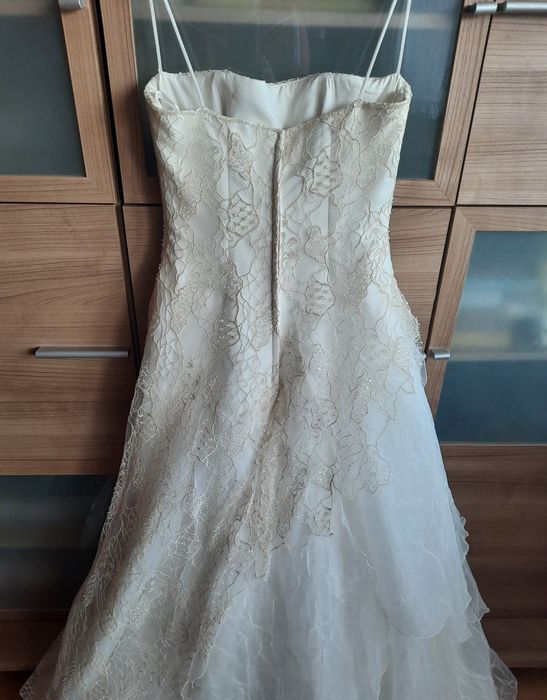 Suknia ślubna ecru, gorset, organza, cekiny