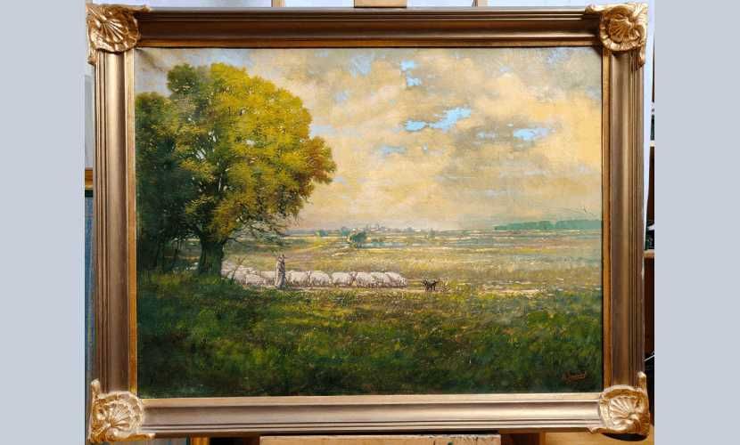 Obraz olejny, pasterz z owcami na polach, złocona rama