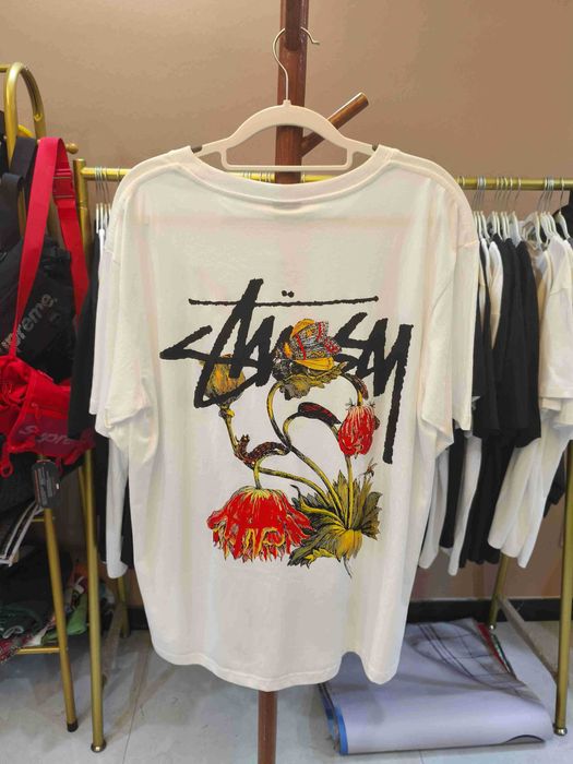 Stussy，Męska biała koszulka z nadrukiem letnim, rozmiar L