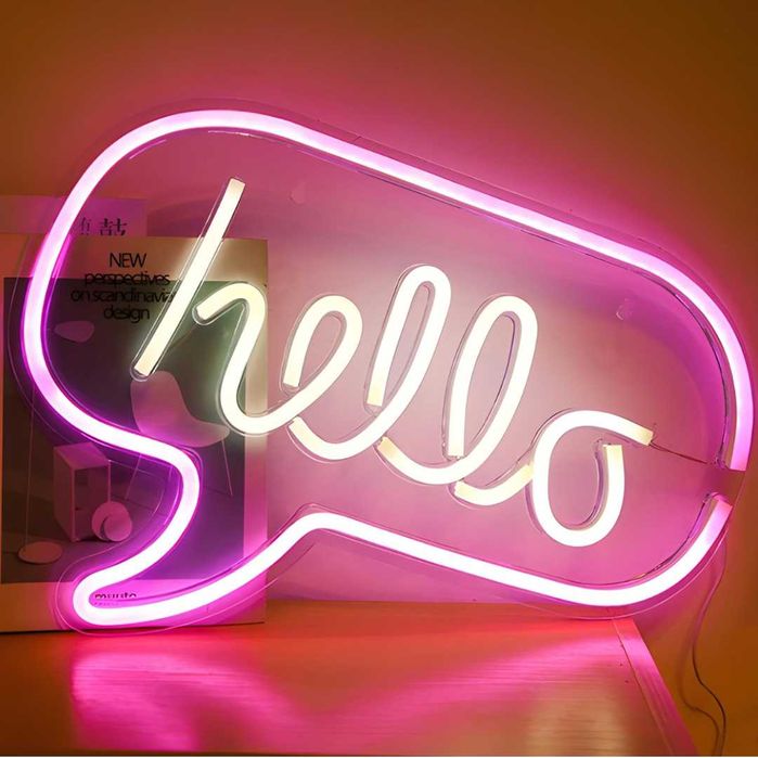 Neon HELLO Biało-Różowy LED Świecący Napis USB Stojący Wiszący