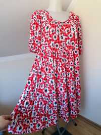 Luźna czerwona sukienka oversize 36 S maskująca ciążowa