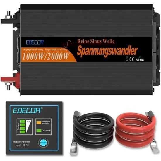 Інвертор Edecoa 12-230v 1000/2000w чистий синус (пульт ду/дві розетки)
