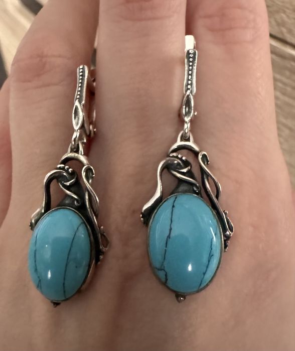 Сережки, серьги бирюза, серебро, срібні 925. Срібло, янтарь, бурштин
