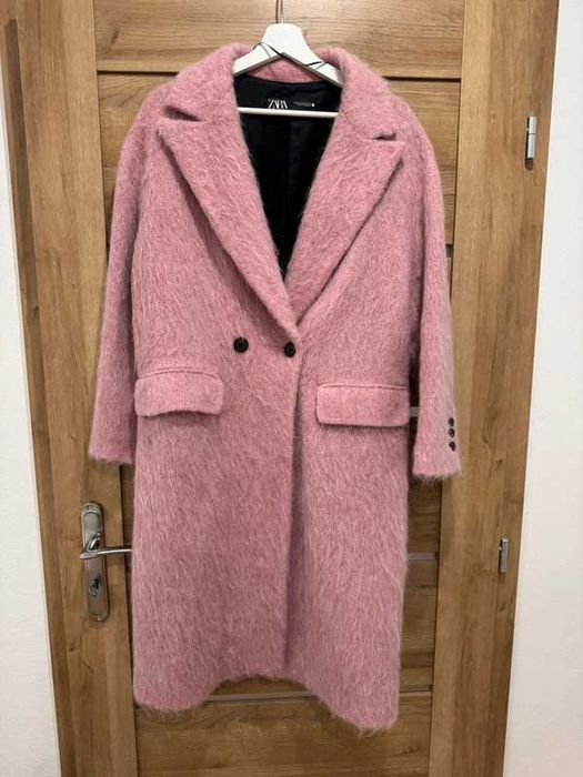 Płaszcz Zara wełna wełniany alpaka mocher różowa oversize rozm M-L