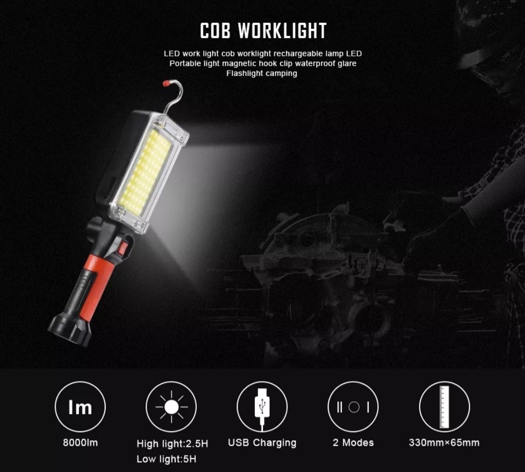 Latarka COB LED z Podwójnym Akumulatorem – Idealna do Warsztatu