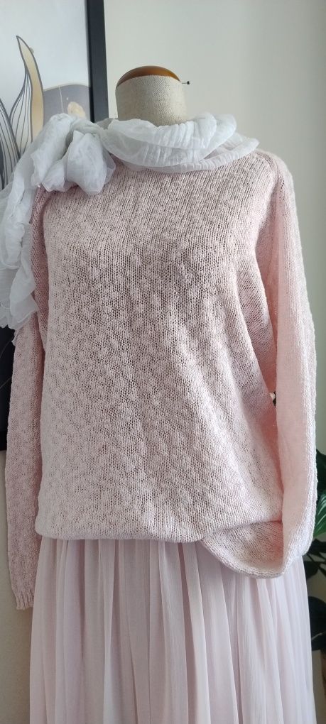 Letni, dzianinowy sweter z koronkowymi plecami,100% bawełna