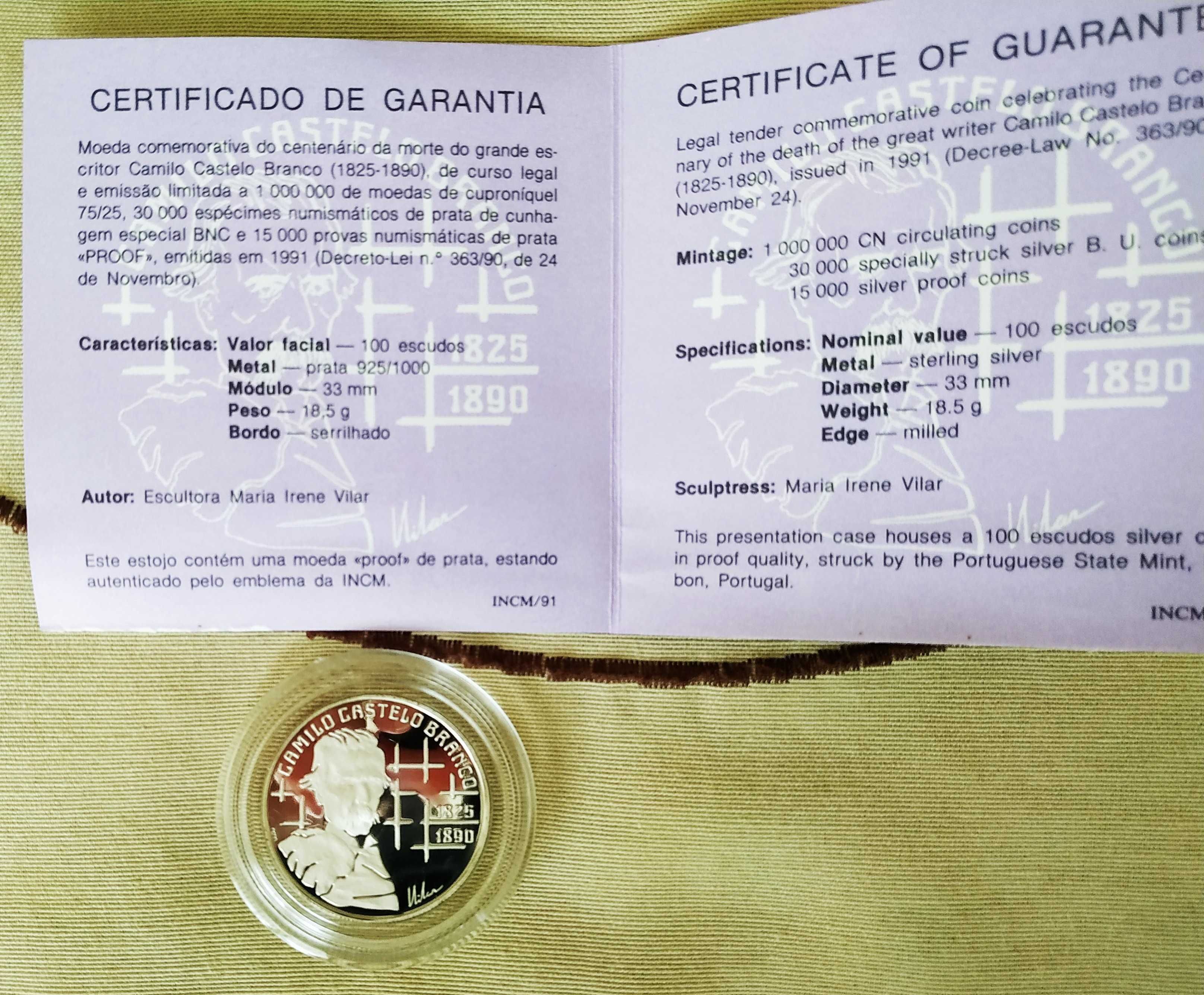 Portugal - moeda em prata proof de 100 escudos 1990 Camilo C. Branco
