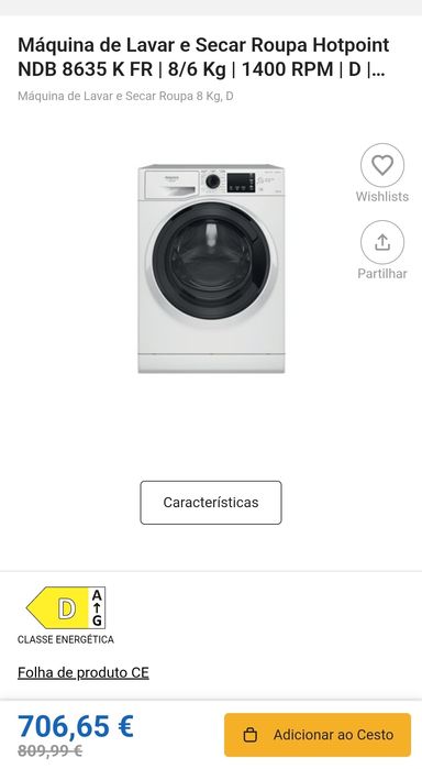 Máquina de lavar e secar roupa Hotpoint 8kg/6kg