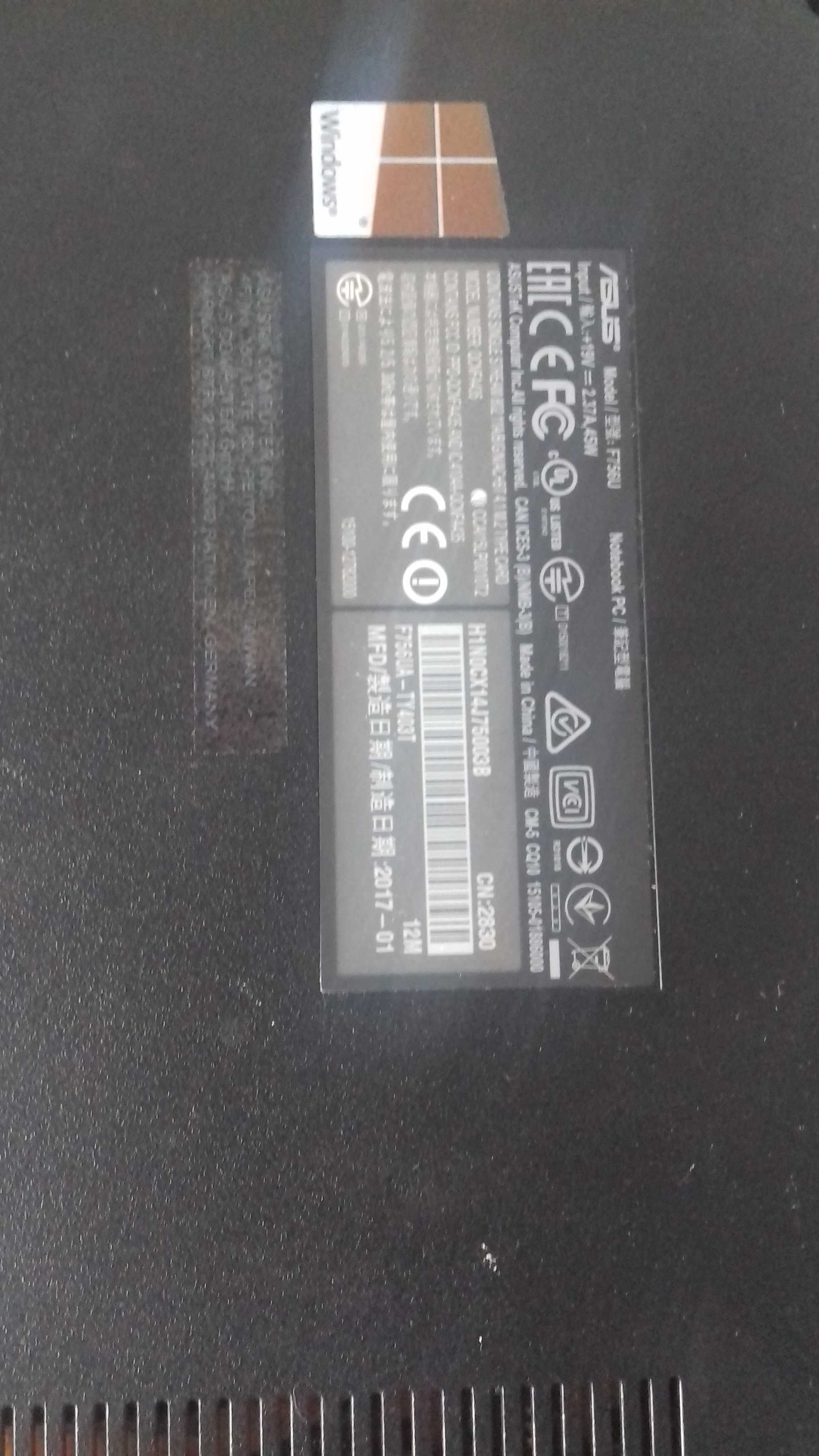 sprzedam asus f756u intel core i3 -6006u-6gen  cpu 2,00ghz,ssd128g,4gb