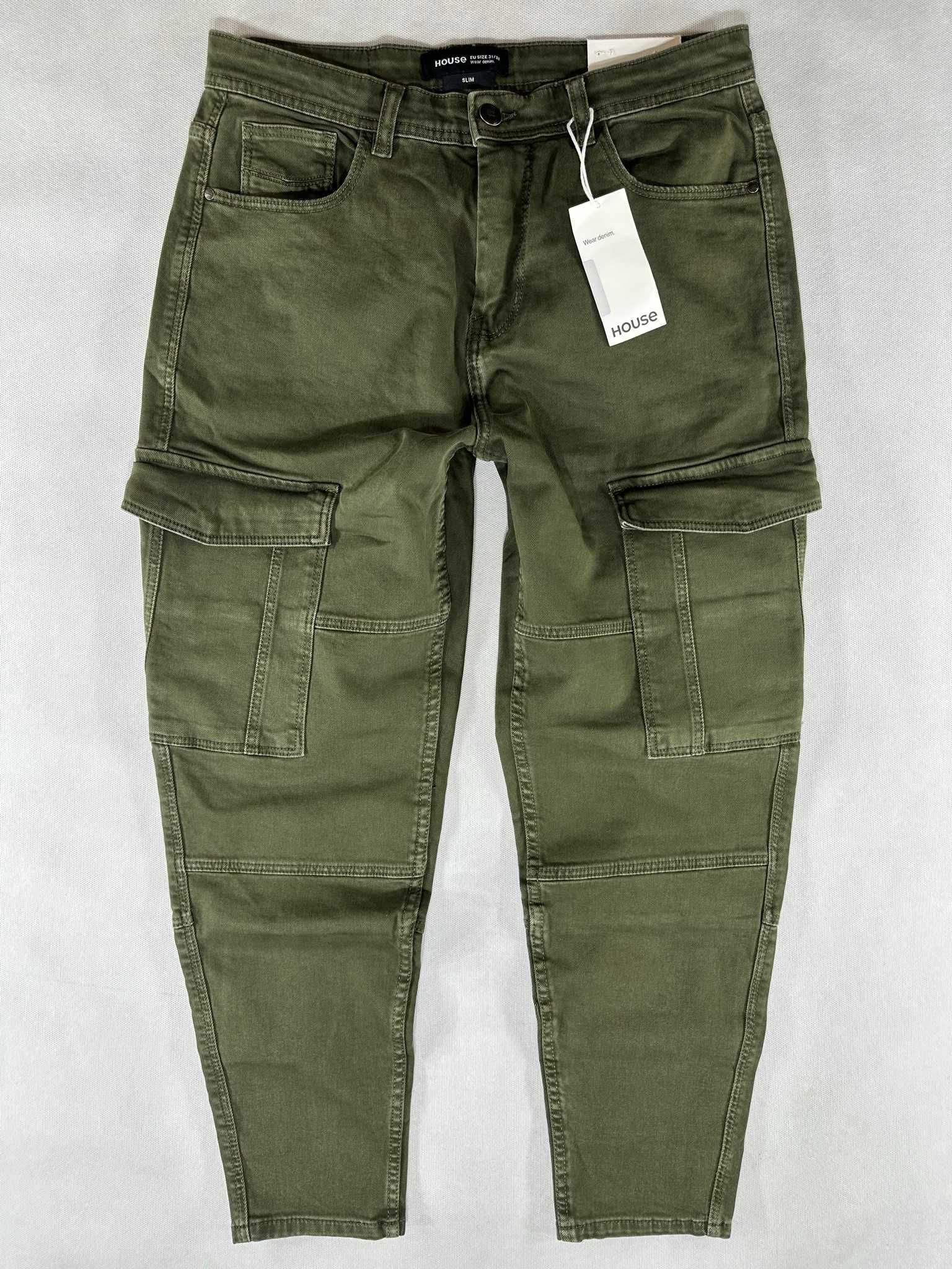 HOUSE jeans khaki bojówki cargo slim fit W32L34 82cm