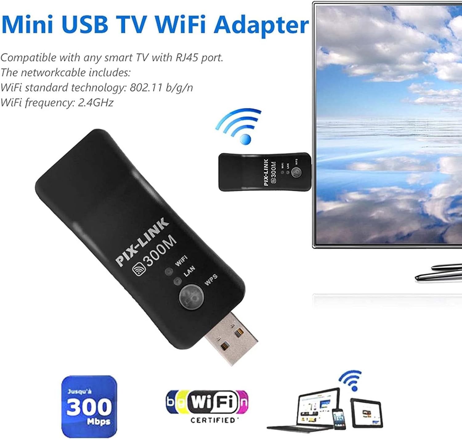 Dongle Odbiornik, pix link 300m Telewizor Usb Wifi dla smart tv wps