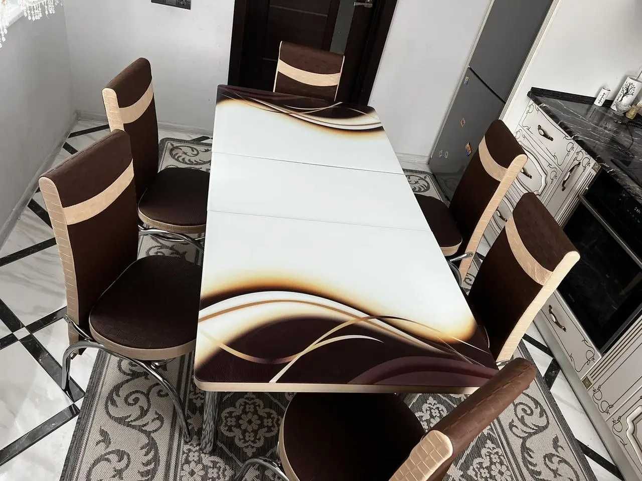 Комплект стола + 6 стульев. На кухню, для гостей. Мраморный