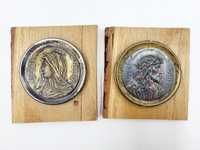 Dwa stare obrazki metalowe na deskach Jezus i Maryja