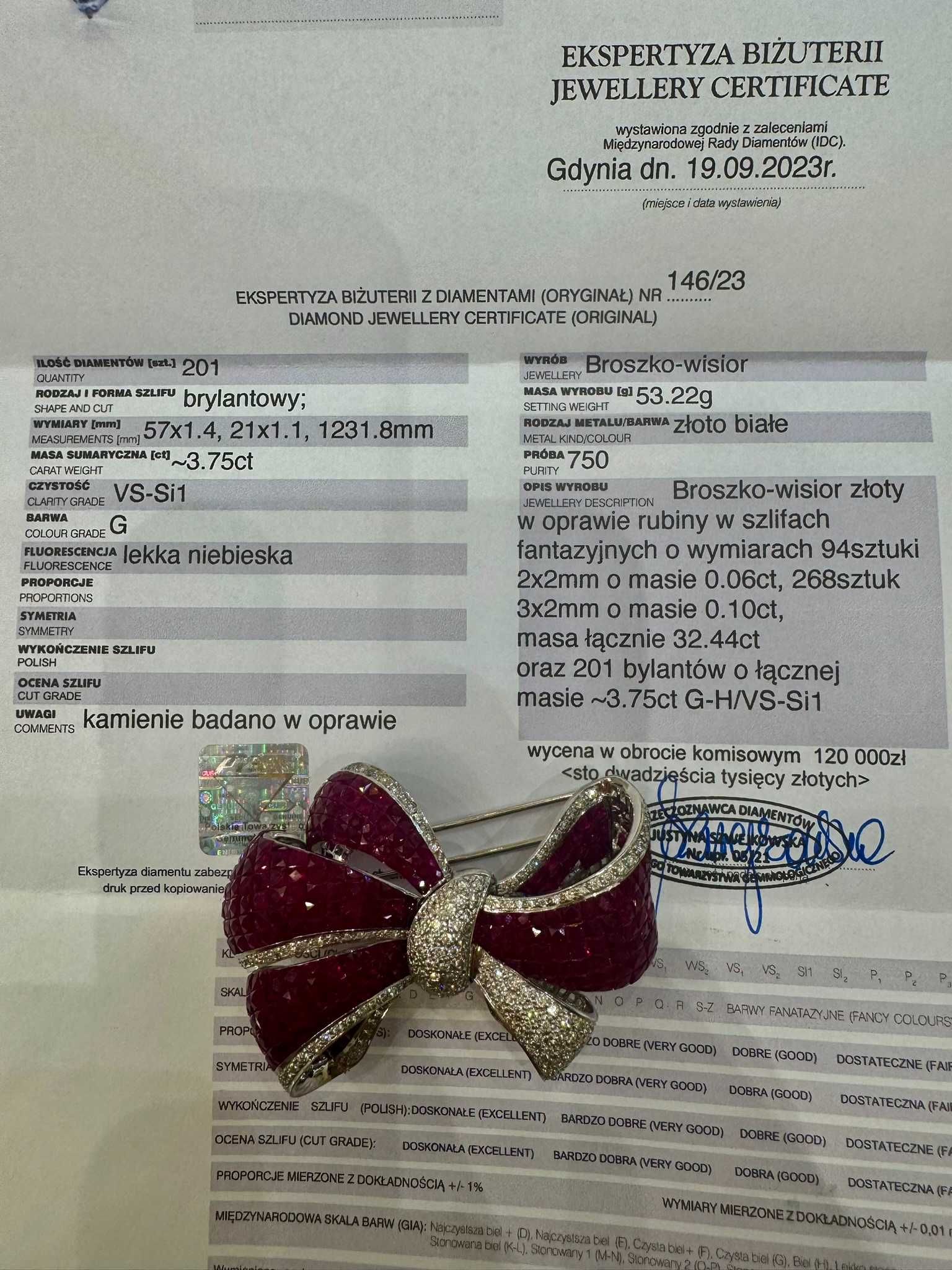 Broszka wisiorek z diamentami 3.7 5CT i z rubinami 32.44 CT