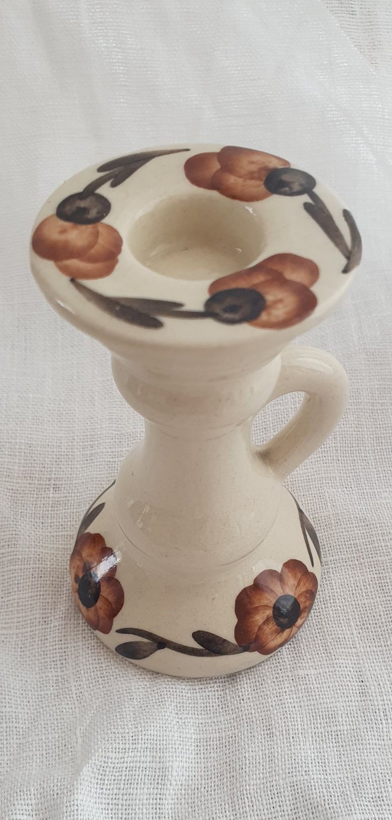 Mały świecznik ceramiczny vintage, PRL, ecru malowany