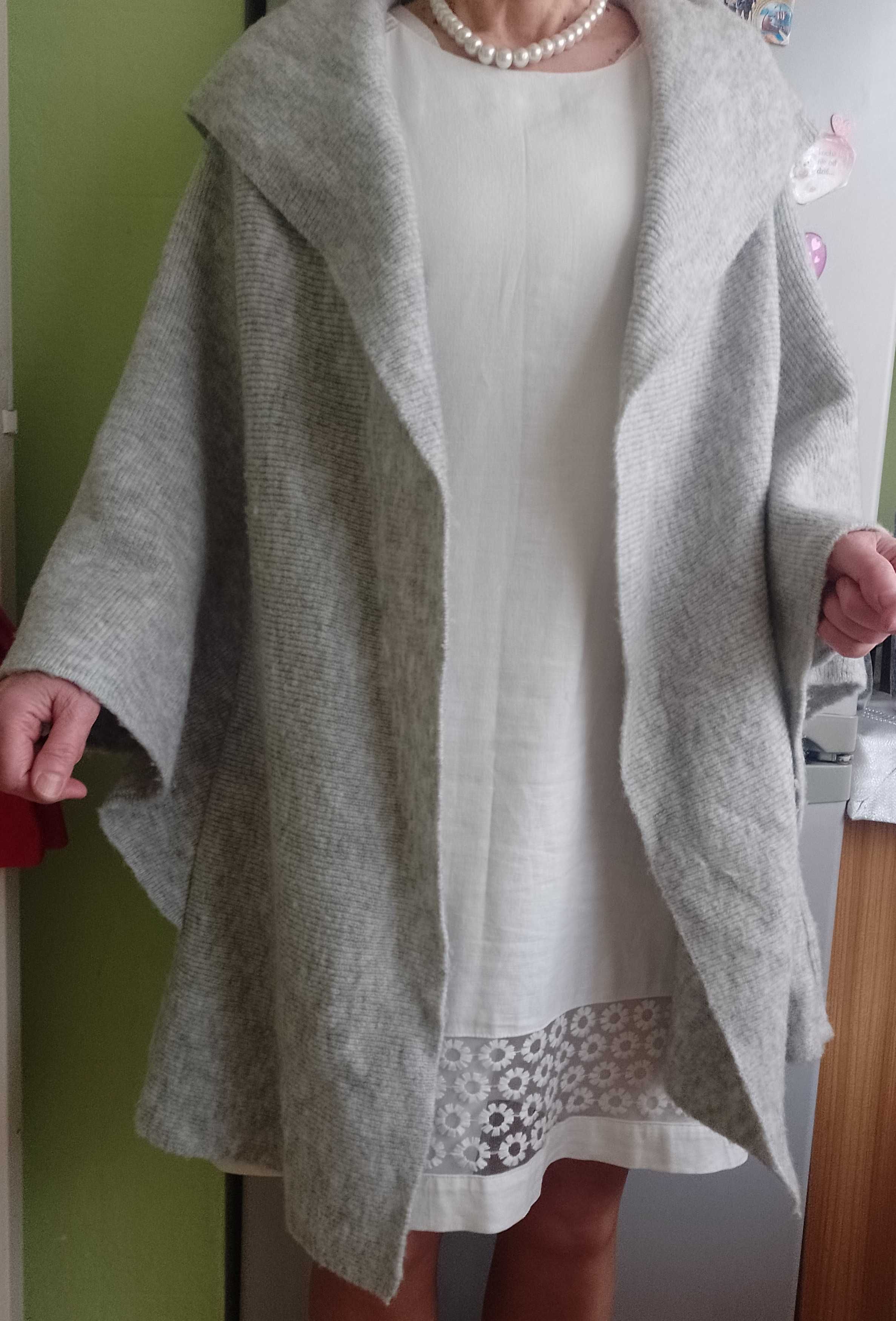 (40/42) (L/XL) Szary płaszcz dzianinowy, sweter oversize, waterfall