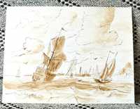 Akwarela obraz Okręty sepia ręcznie malowany