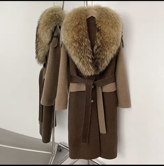 Kontantto plaszcz kaszmirowy w brazie z futrem lisa xs-xxl