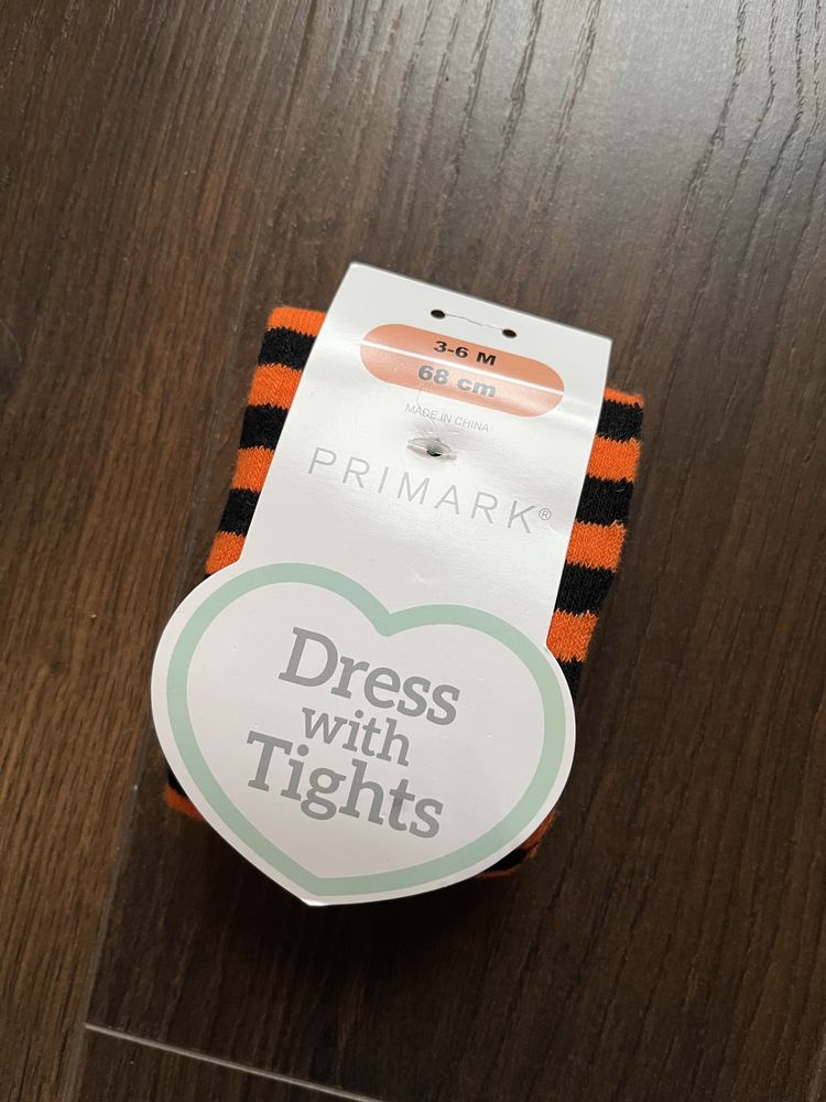 Rajtuzy rajstopy paski czarne pomarańczowe Primark 3-6m/68cm halloween