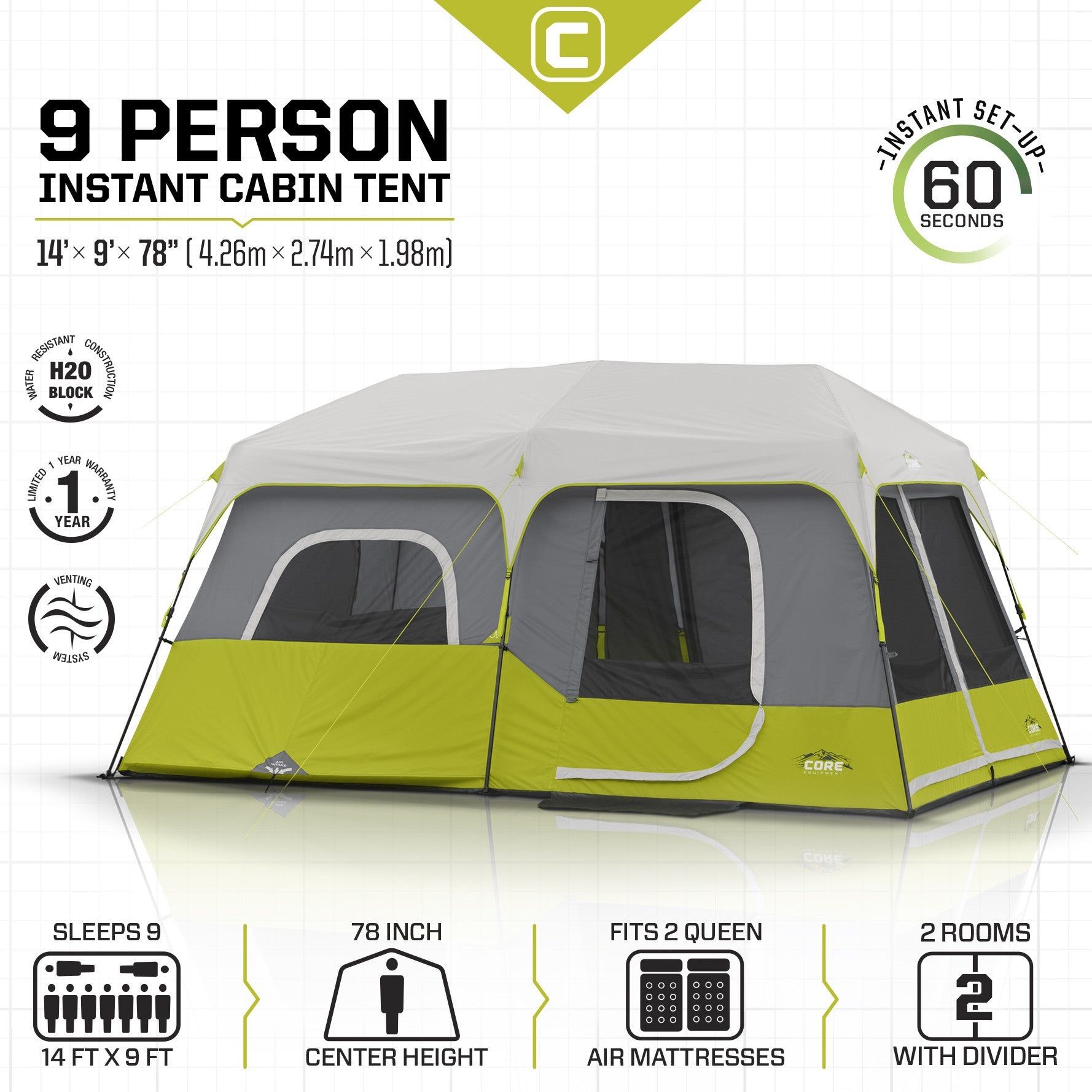 Оригінал з США! Намет,палатка Core Instant Cabin Tent 9 person.