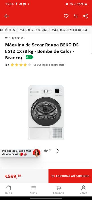 Máquina de Secar Roupa BEKO 8Kg Bomba Calor Nova c/garantia