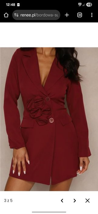 Bordowa Sukienka w Stylu Marynarki z Usztywnionymi Ramionami Ozdobiona