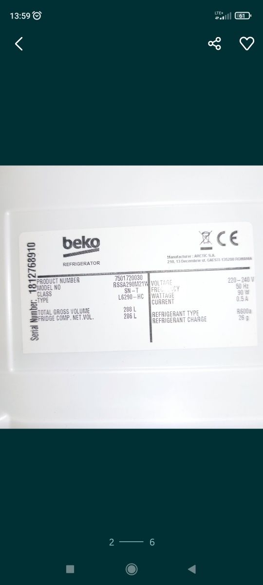 Lodówka BEKO RSSA290M21W szuflada