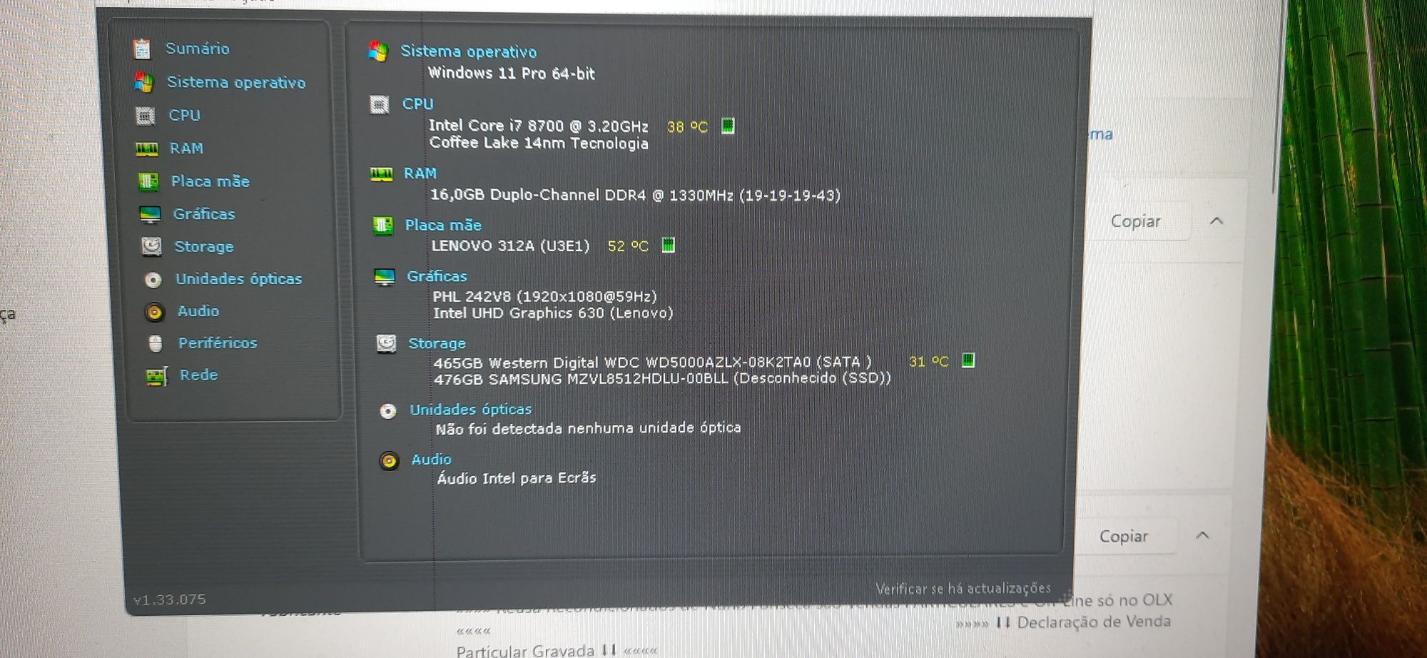 Pç Lenovo M720s 8ªG|I7.8700-4.6G|16G|NVMe512+HDD500|5G|BT|TPM2.0|W11