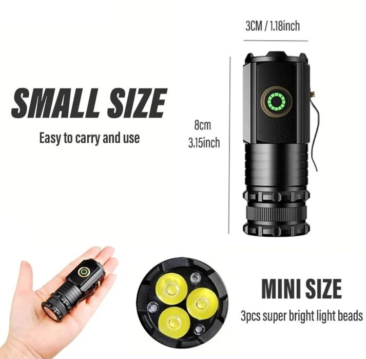 Фонарь тактический маленький сверхяркий на три ядра
