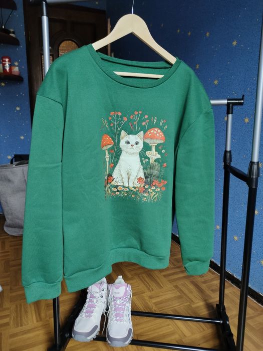 Світшот жіночий овепсайз з котиком і грибочками, XL
