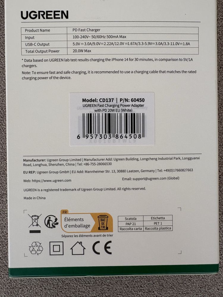 Зарядное устройство Ugreen USB Type-C PD QC 20W блок питания блочок