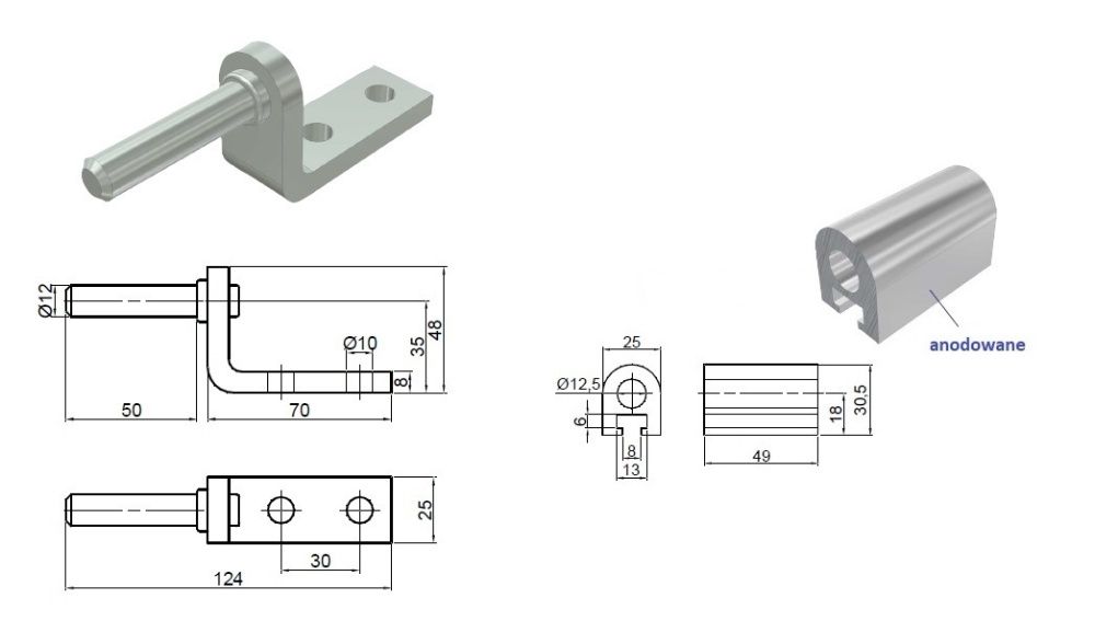 Zawias do burty aluminiowej fi 12 kpl - do przykręcenia