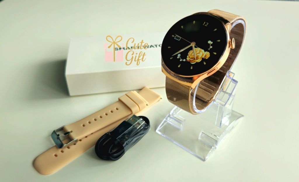Elegancki Damski Smartwatch, Zegarek dla Kobiet, Złoty, Menu PL, Puls