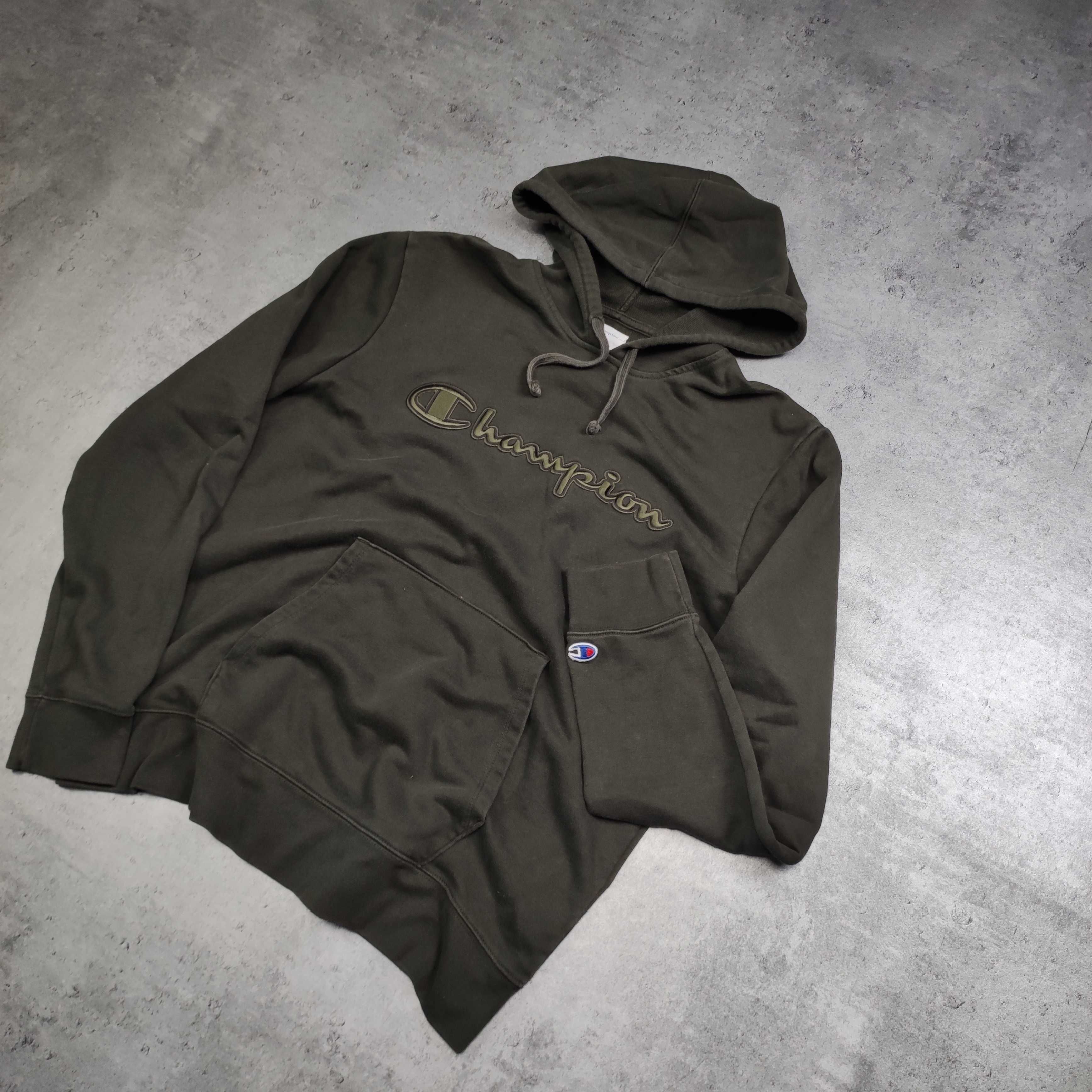 MĘSKA Bluza Bawełna Duże Logo Haft Khaki Hoodie z Kapturem Sportowa