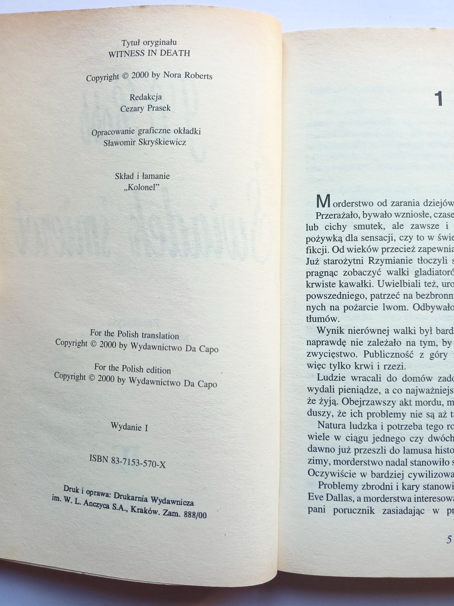 Witam. J D Robb Nora Roberts Świadek śmierci.