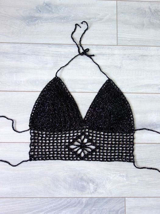Nowy top szydełkowy handmade czarny błyszczący impreza wiązany 36 S