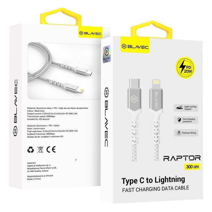 Blavec Kabel Raptor Typ C na Lightning PD 20W 3m biało-srebrny