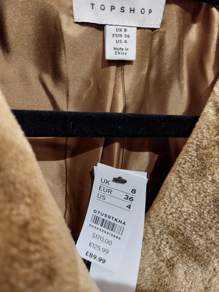 TOPSHOP płaszcz futro futerko 34 36 XS S kurtka khaki NOWE 126 EUR