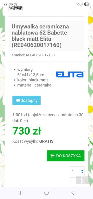 Umywalka czarna matowa ceramiczna nablatowa 62 Babette black matt Elit