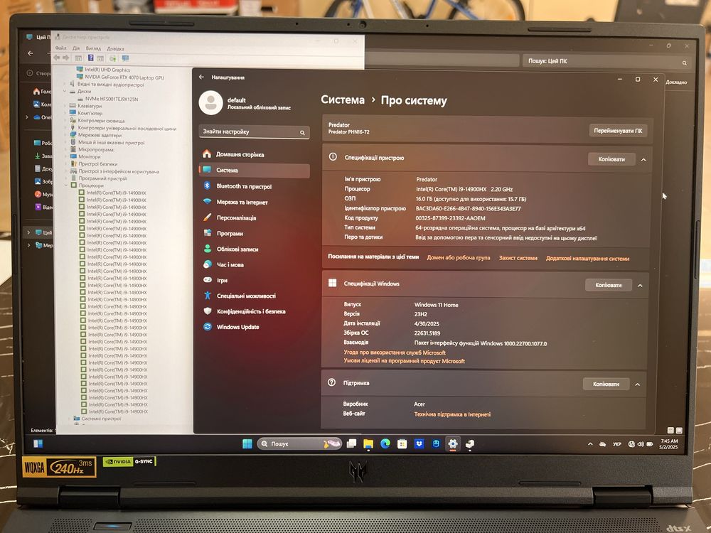 Нове Acer Predator Qhd 16d 240hz i9-14900hx Rtx 4070 ddr5-64 ssd 1tb