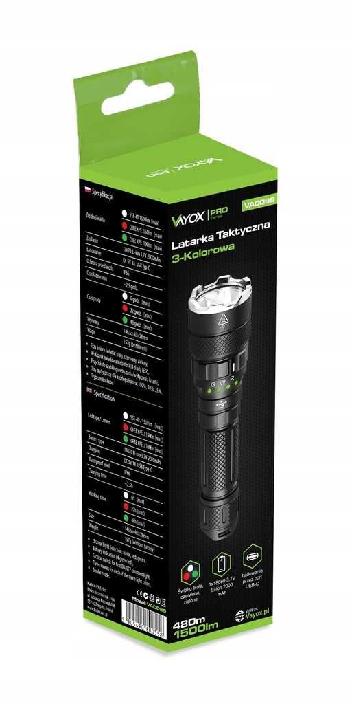 ZESTAW Latarka LED taktyczna lampa pro szperacz 3-kolory USB C 1500LM