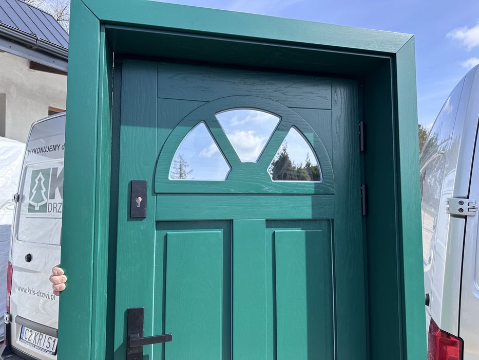 Drzwi wejściowe zewnętrzne drewniane zielone Na Wymiar Montaż Polska