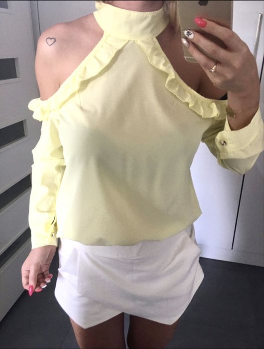 Bluzka żółta odkryte ramiona długi rękaw M 38 S 36 falbana