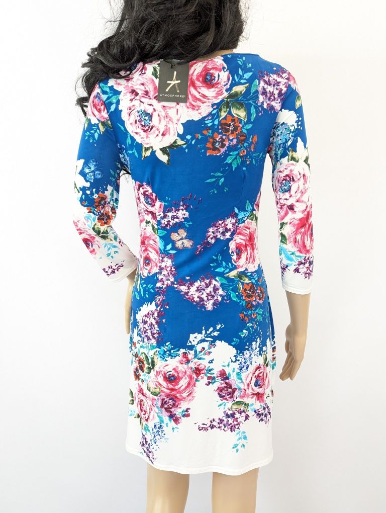 Nowa kolorowa krótka sukienka w kwiaty odcienie niebieskiego S 36