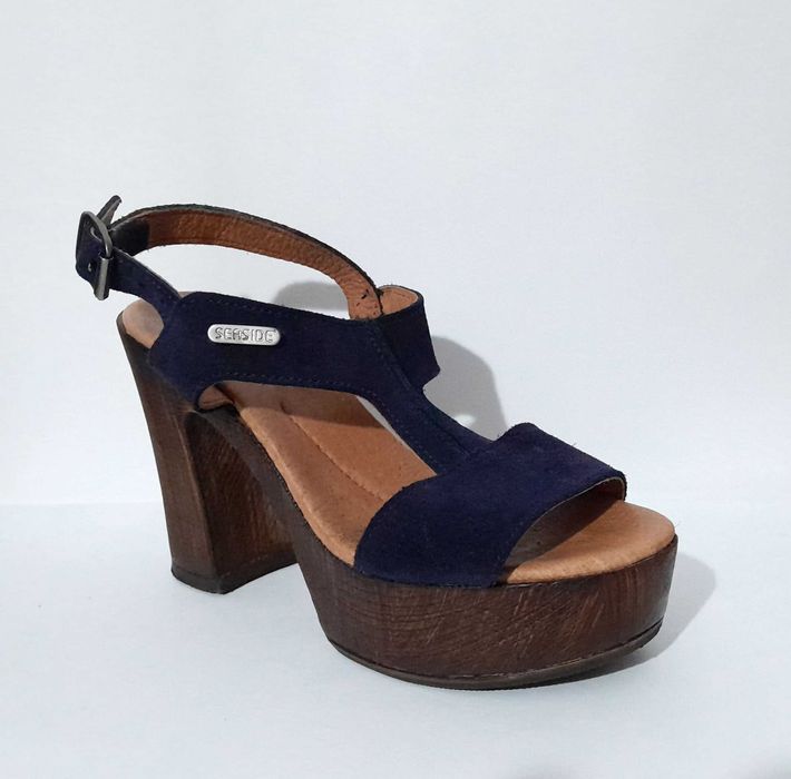 Sandálias azuis compensadas em pele e madeira Seaside nº 36